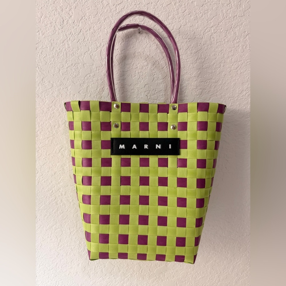 MARNI Market Basket Bag Lime & Magenta Checkered